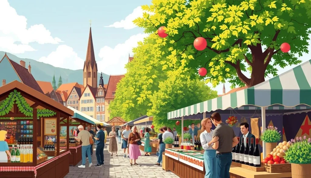 Image of a traditional Alsatian food festival with local crafts and wine
