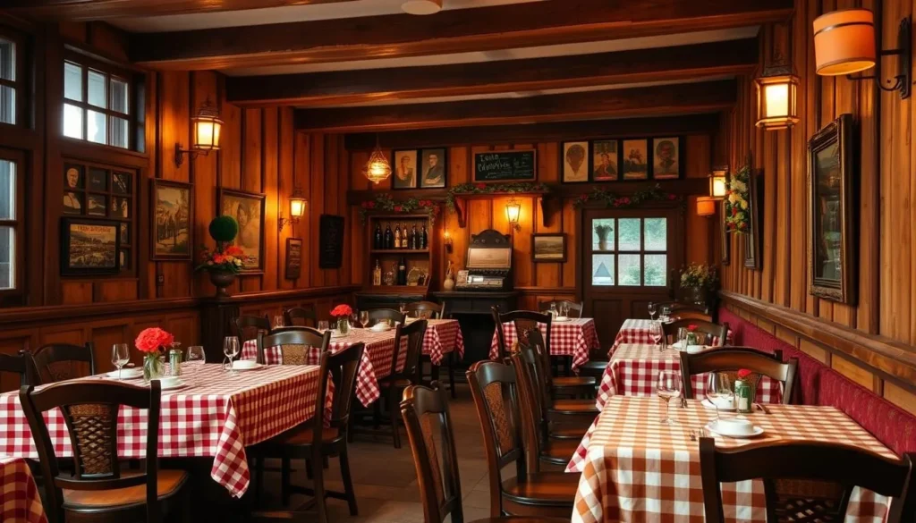 Image of a traditional Alsatian winstub with wooden paneling and checkered tablecloths