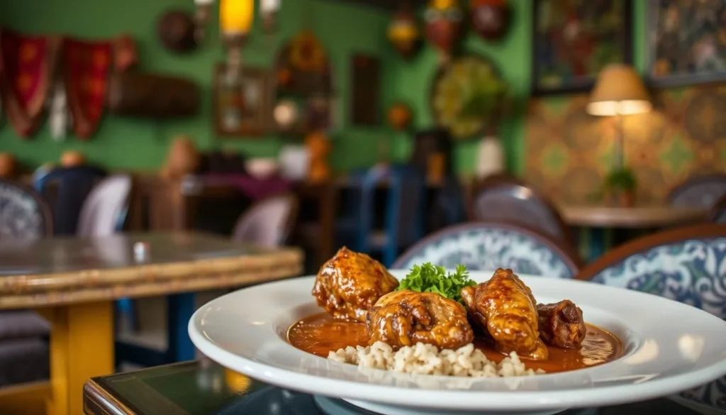 Image of a traditional Burkinabe dish, such as tô or poulet bicyclette, being served in a local restaurant in Bobo-Dioulasso.