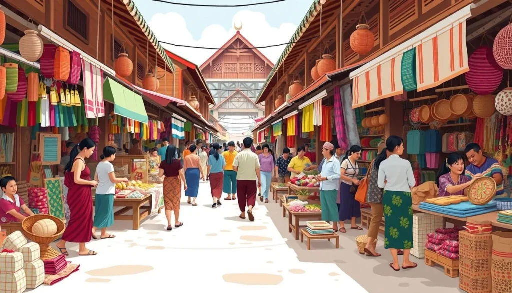 Image of a traditional Cambodian market with vibrant colors and locals selling handmade crafts