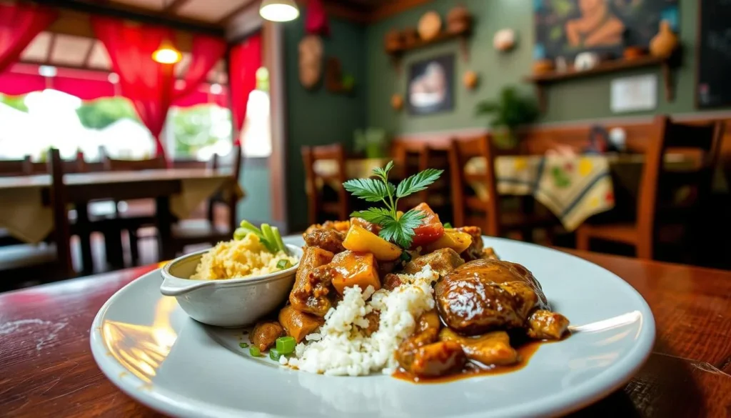 Image of a traditional Congolese dish being served at a family-owned restaurant in Kananga