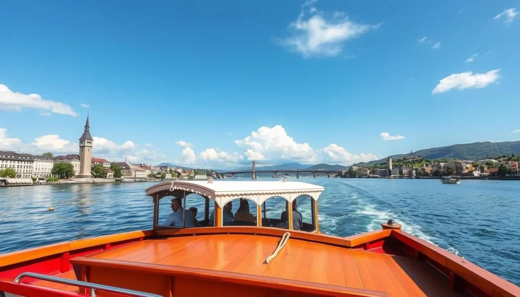 Image of a traditional Fähri boat crossing the Rhine River in Basel