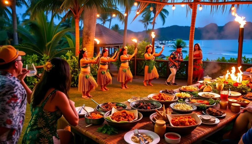 Image of a traditional Hawaiian luau with hula dancers and local cuisine