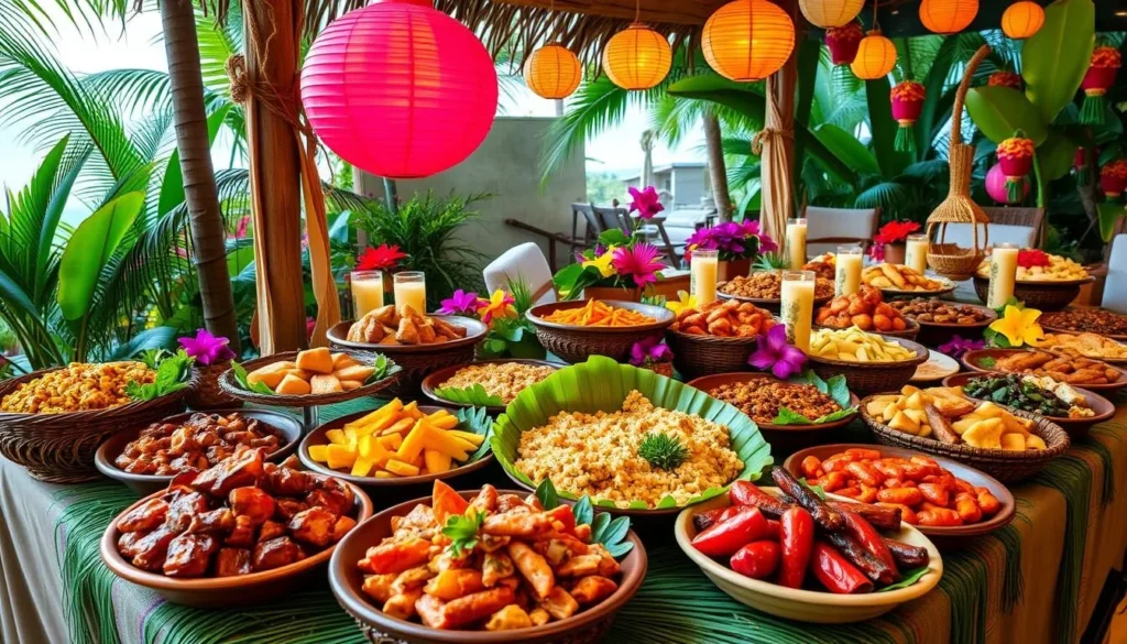 Image of a traditional Hawaiian luau with local dishes