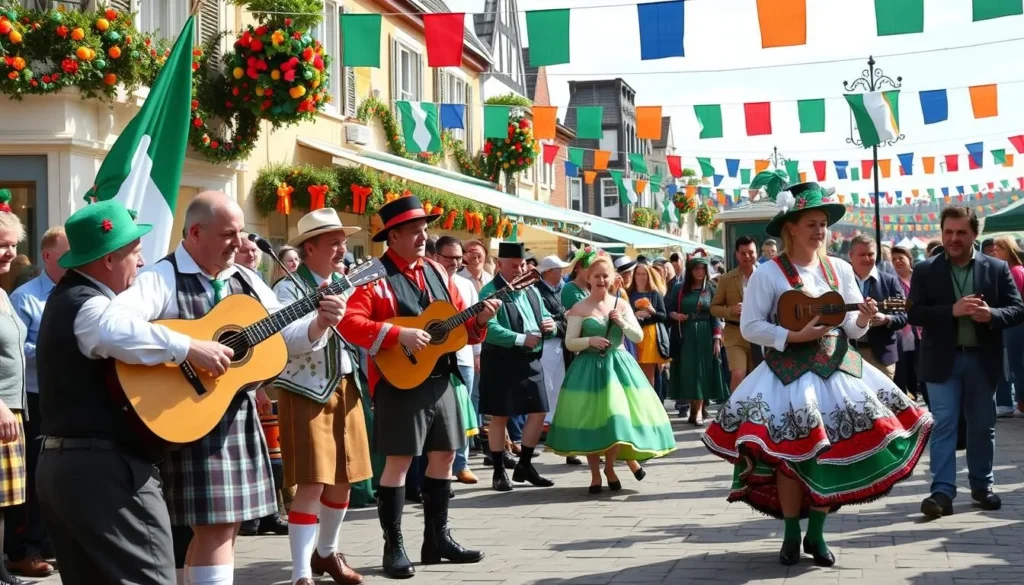 Image of a traditional Irish festival with local musicians and dancers