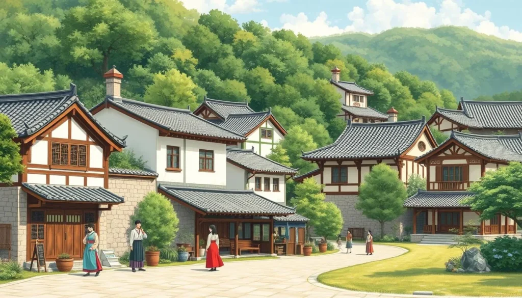 Image of a traditional Korean village with historic houses and people in traditional clothing