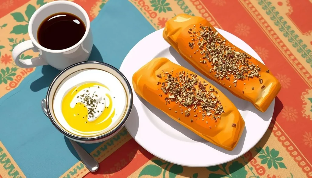 Image of a traditional Lebanese breakfast with manakish, labneh, and Turkish coffee