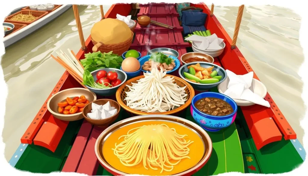 Image of a traditional Mekong Delta meal being served on a floating market boat