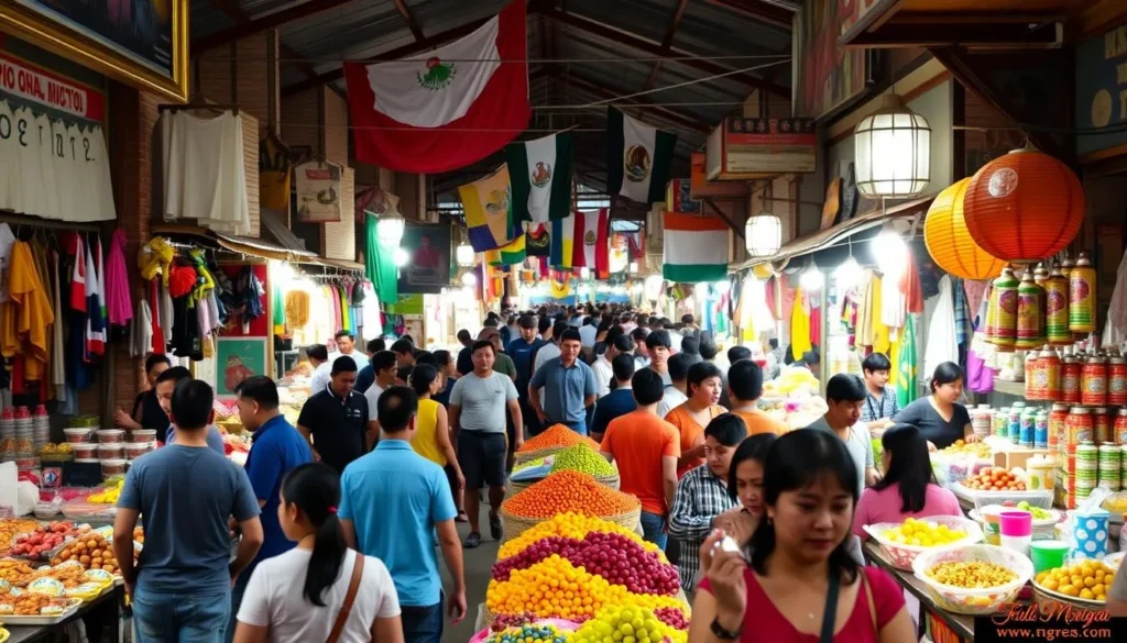 Image of a traditional Mexican market with vibrant colors and lively atmosphere