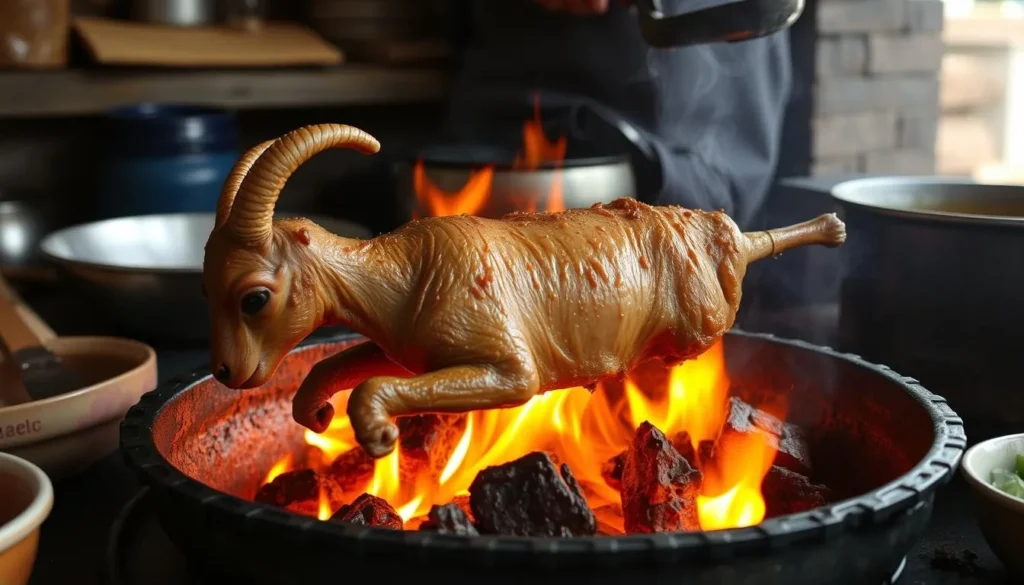Image of a traditional Monterrey dish, cabrito, being slow-roasted over an open flame.