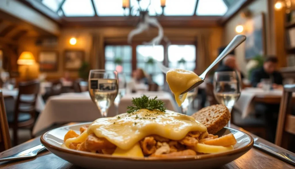 Image of a traditional Savoyard dish, such as tartiflette or fondue, being served in a cozy Annecy restaurant.