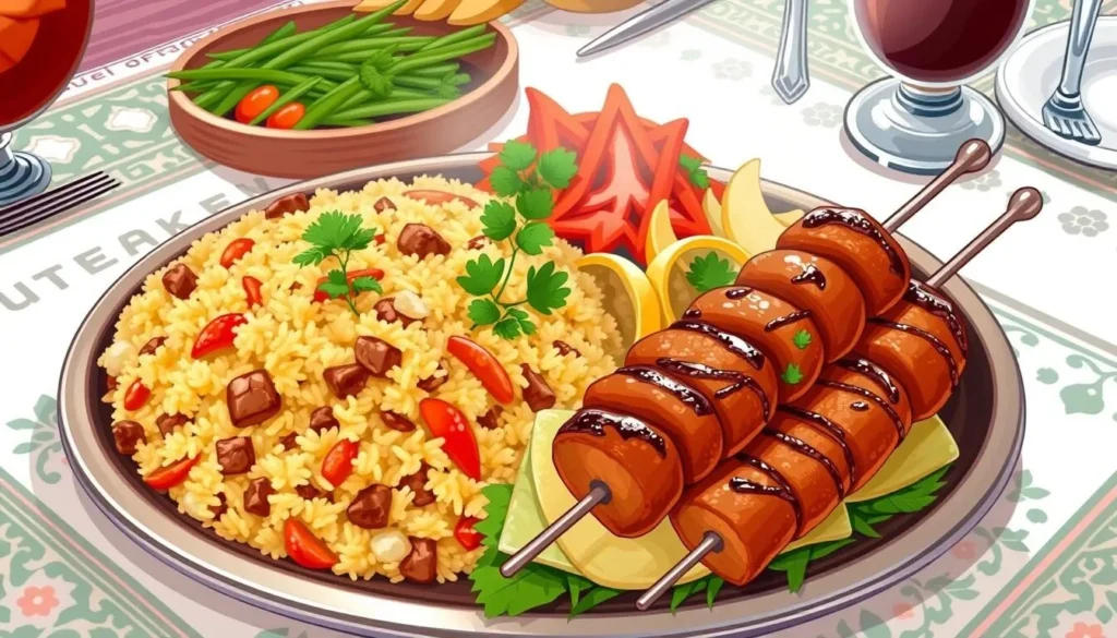 Image of a traditional Uzbek dish, such as plov or shashlik