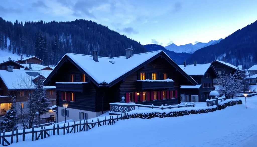 Image of a traditional Valais chalet in a snow-covered village near Pfyn-Finges Nature Park