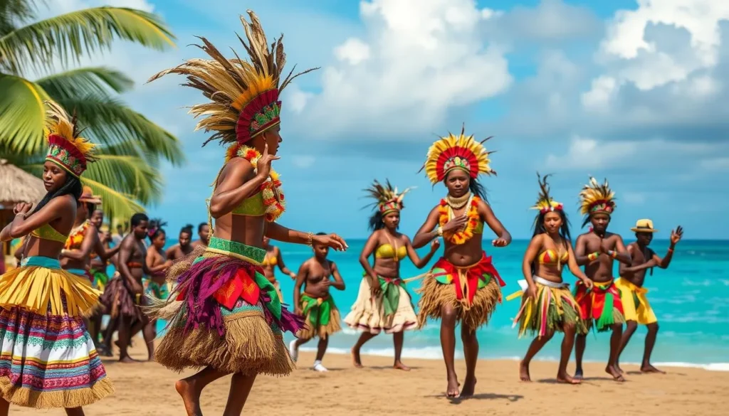 Image of a traditional Vanuatu cultural festival with vibrant costumes and dances