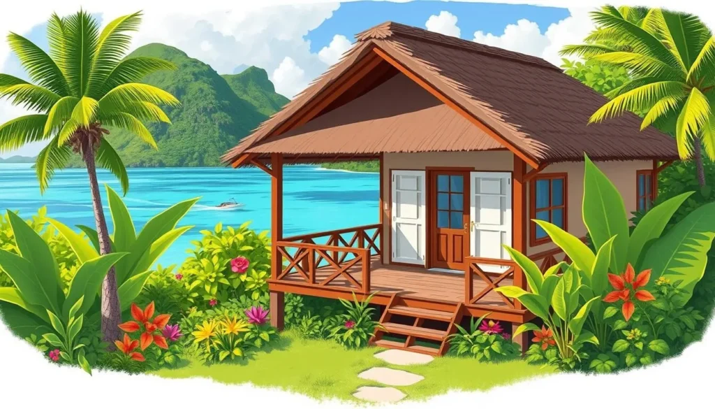 Image of a traditional guesthouse on Ua Pou Island with a beautiful view of the bay