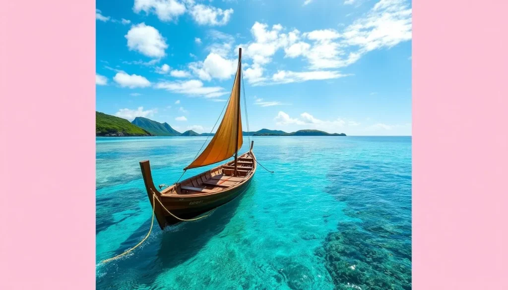 Image of a traditional pirogue sailing through the crystal-clear waters of the Austral Islands