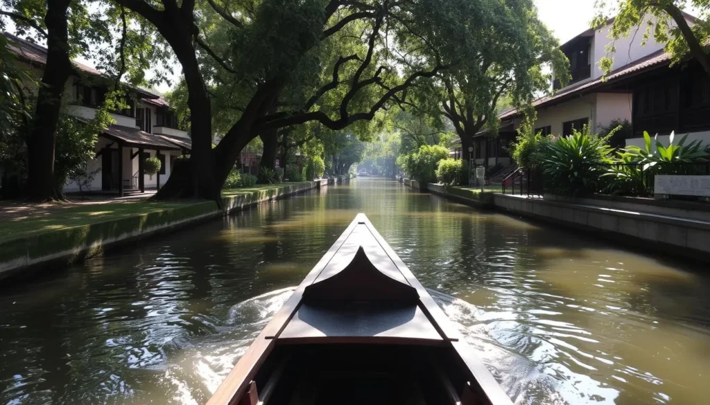 Image of a traditional wooden sampan navigating a narrow canal