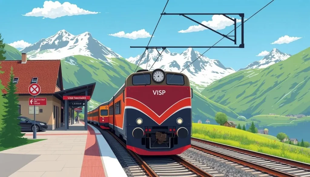 Image of a train arriving at Visp station, the gateway to Saas and Zermatt valleys