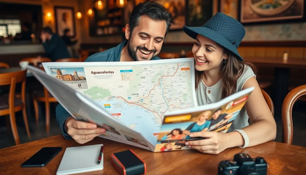 Image of a traveler planning a trip to Aguascalientes, with a map and travel guide