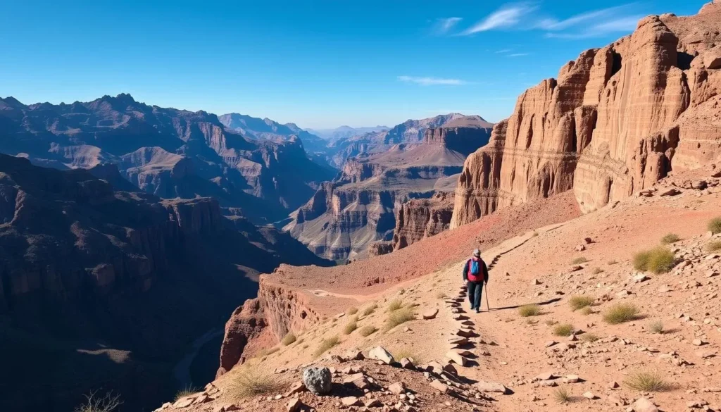 Image of a trekker on the Dana to Petra trail, surrounded by rugged mountains and valleys.