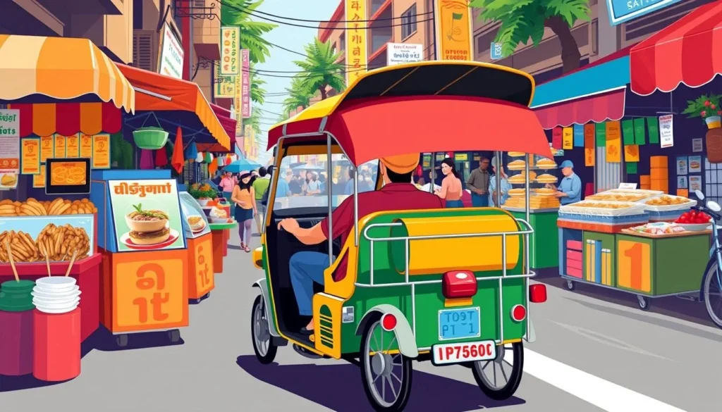 Image of a tuk-tuk driving through the streets of Phnom Penh with street food vendors