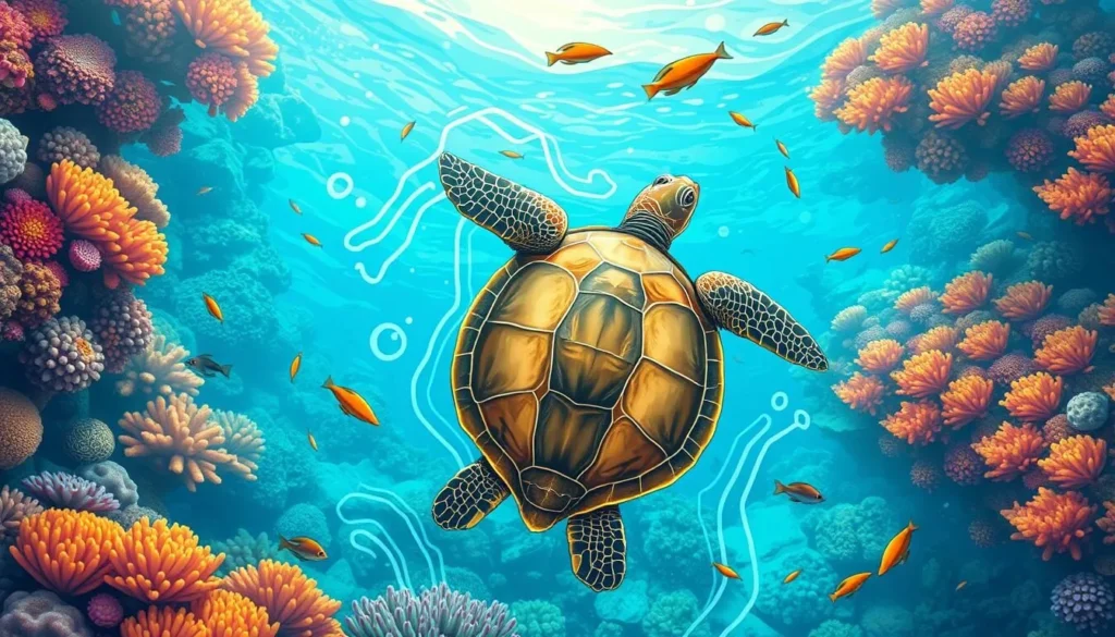 Image of a turtle swimming in the waters of Coral Bay