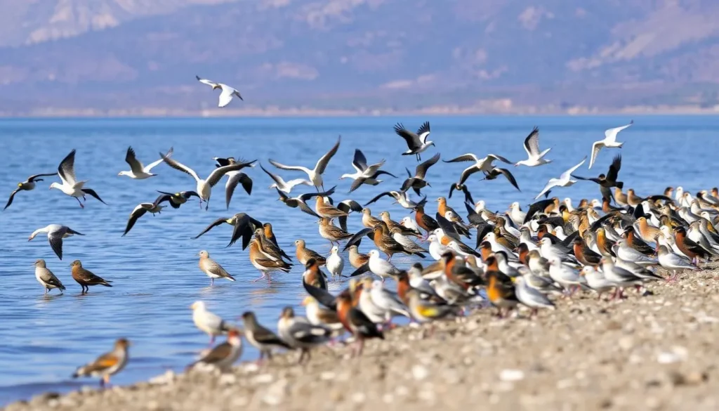 Image of a variety of birds near the shoreline of Mountain Meadows Reservoir.