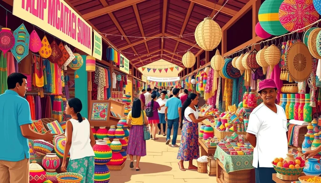 Image of a vibrant Bunia artisanal market scene with local artisans and colorful handicrafts