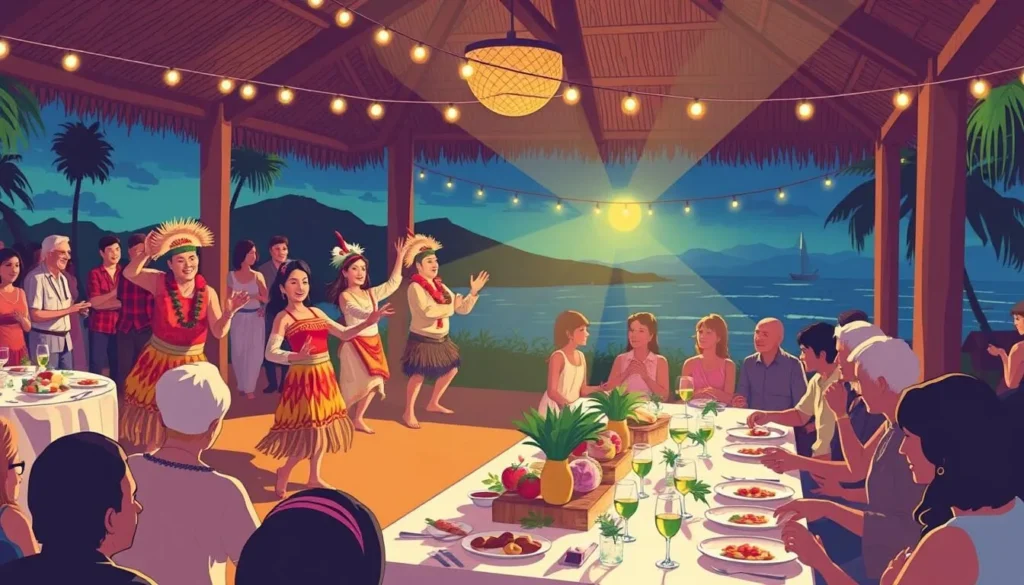 Image of a vibrant Norfolk Island Nights event with traditional Polynesian dance performances and communal dining