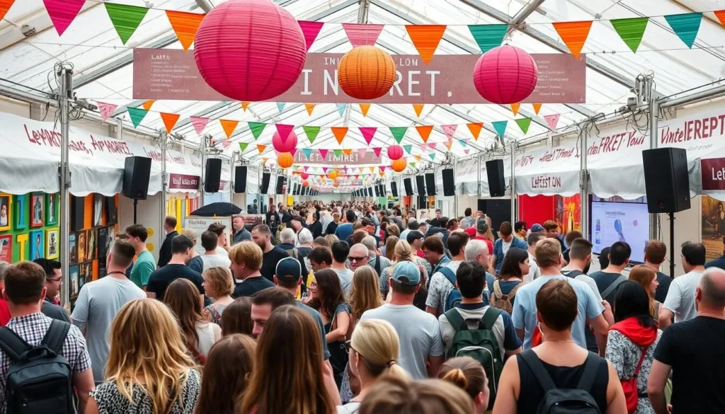 Image of a vibrant arts festival in Leinster, Ireland, with people enjoying performances and exhibitions.