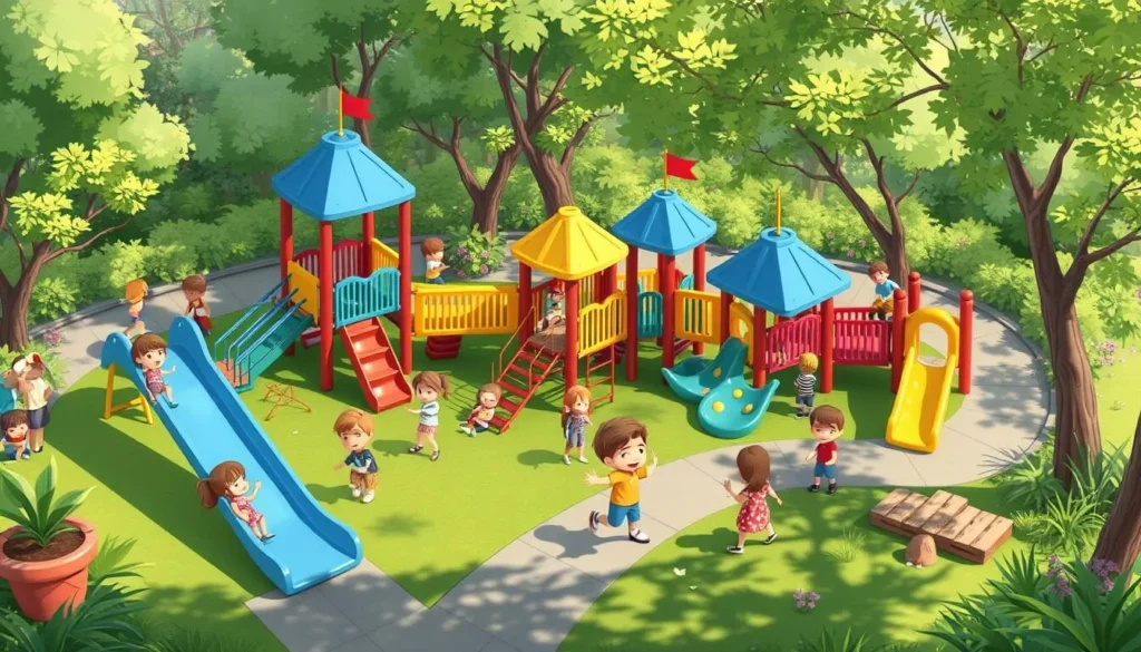 Image of a vibrant children's park with play equipment and happy kids
