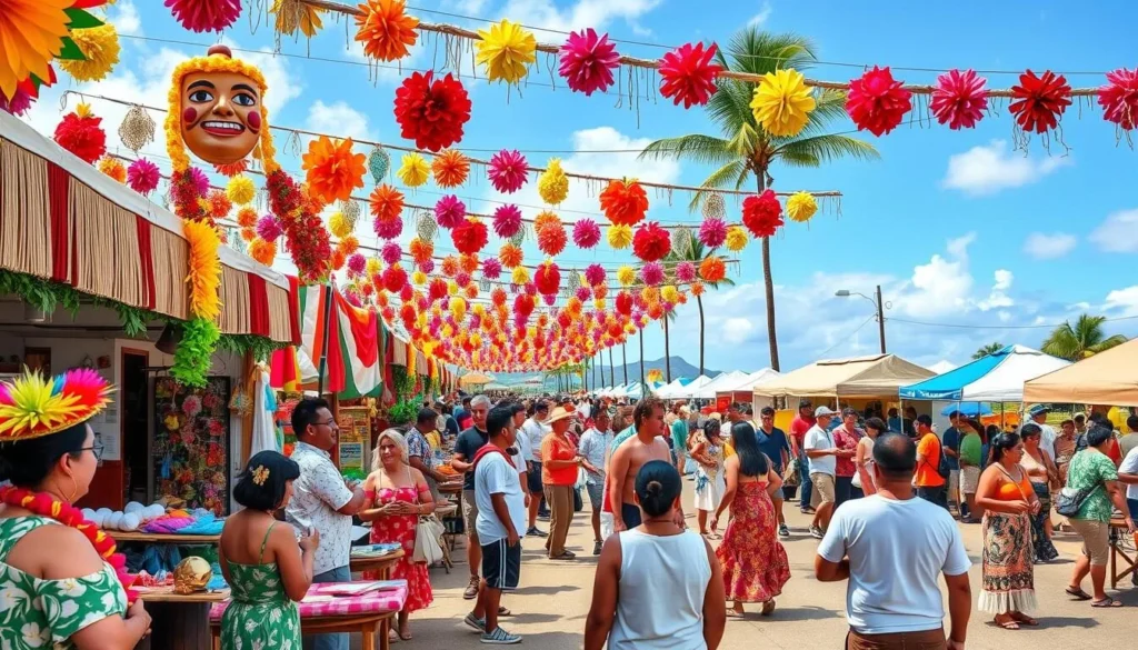 Image of a vibrant cultural festival on the Big Island, showcasing traditional Hawaiian arts and contemporary performances.