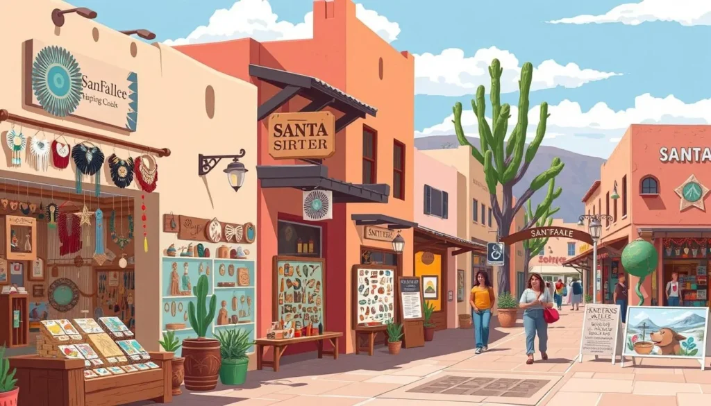 Image of a vibrant downtown Santa Fe shopping street with Native American art and jewelry on display