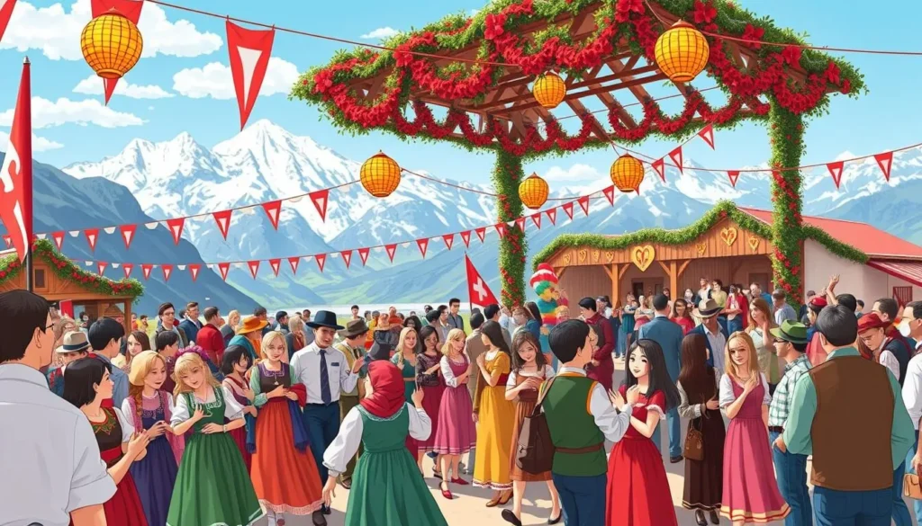 Image of a vibrant festival in Valais, Switzerland, with people celebrating and having fun.