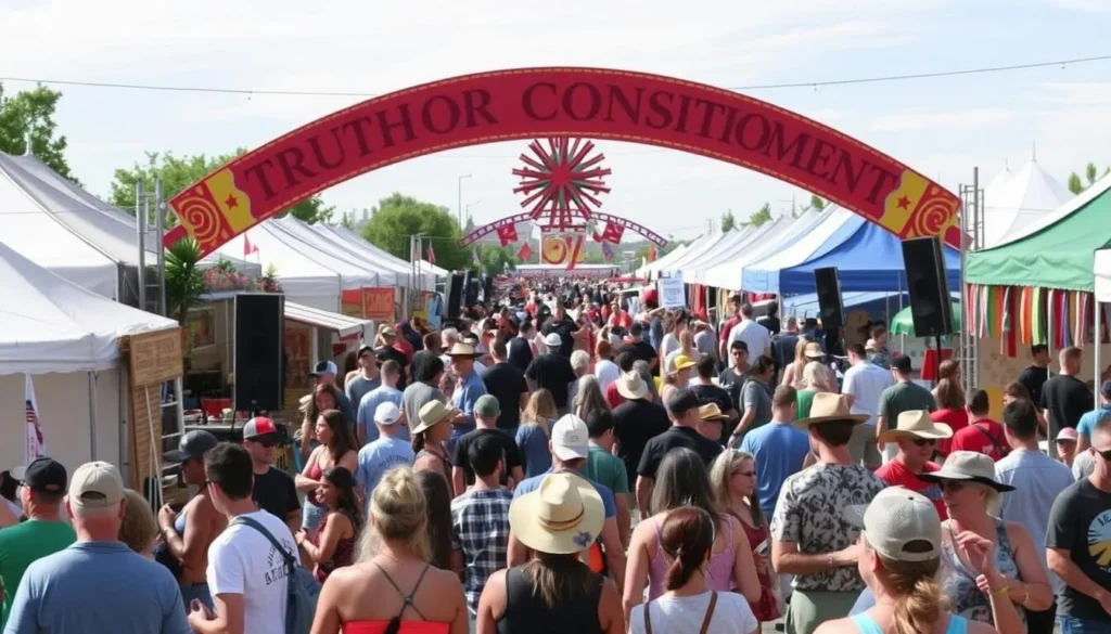 Image of a vibrant festival scene in Truth or Consequences, with people enjoying local food, music, and art.