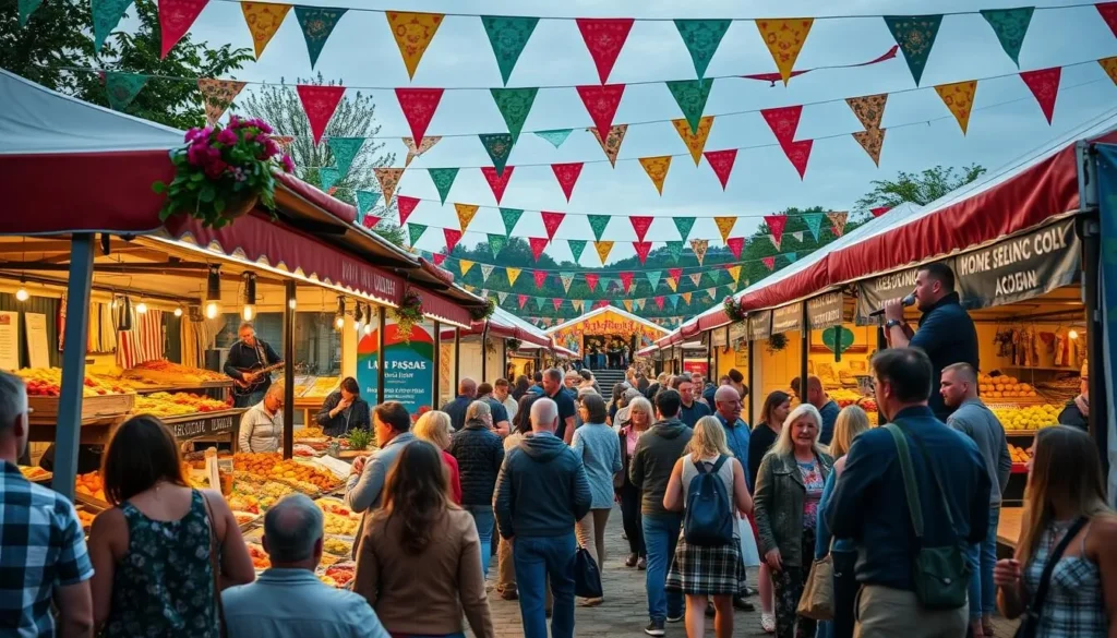 Image of a vibrant food festival in Ulster, Ireland, with local cuisine and live music.