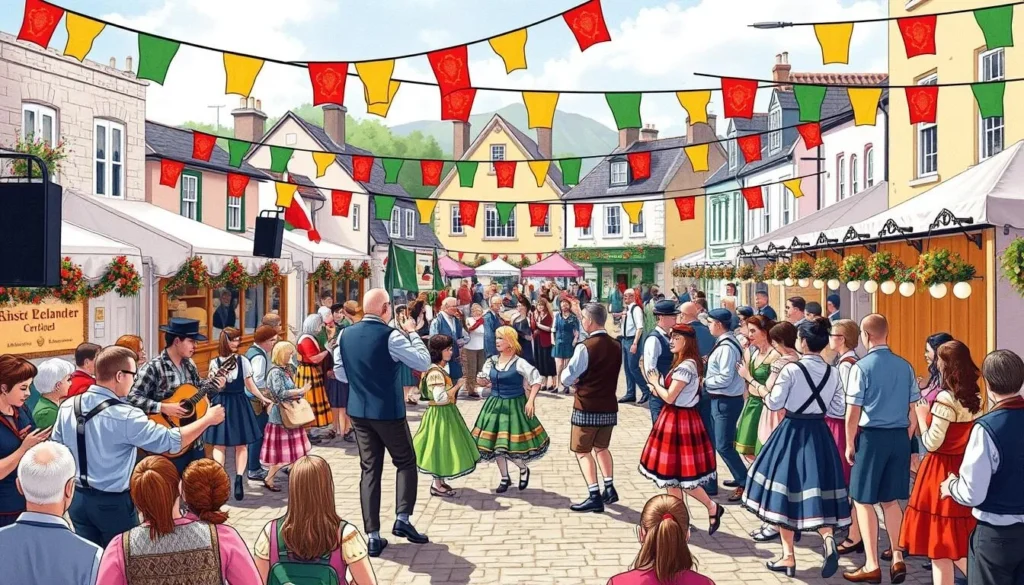 Image of a vibrant local festival in Munster, Ireland, showcasing traditional Irish music and dance.