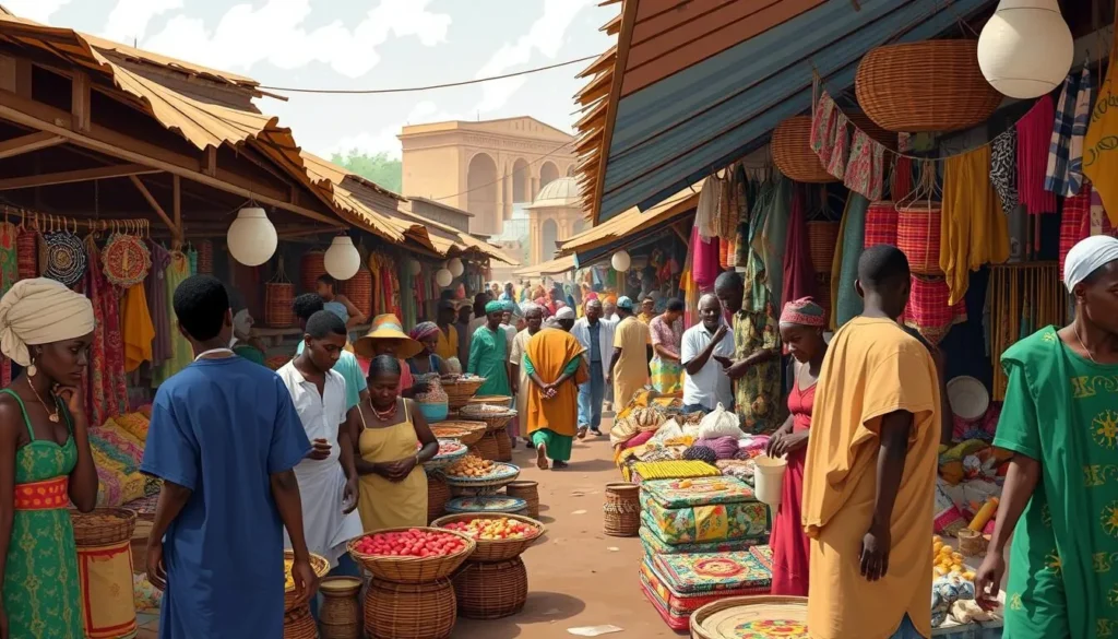 Image of a vibrant marketplace in Benin City with artisans selling traditional crafts