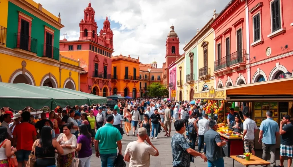 Image of a vibrant plaza in Aguascalientes, Mexico, with colonial architecture and people enjoying local cuisine.