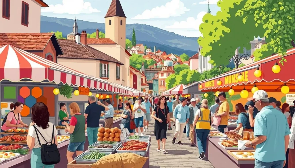 Image of a vibrant street food festival in the Rhône Valley