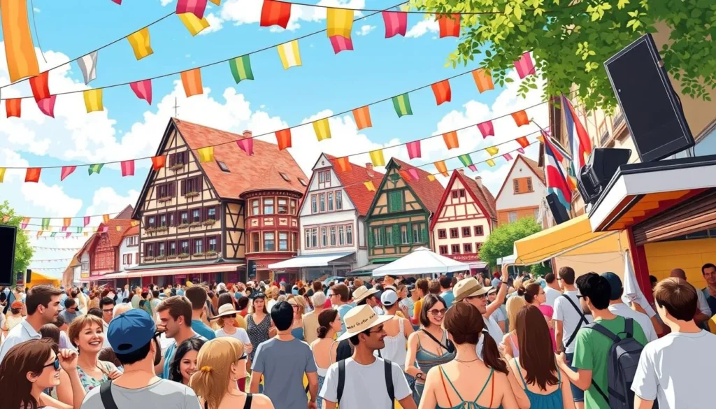 Image of a vibrant summer festival in Alsace with people enjoying live music and street performances.