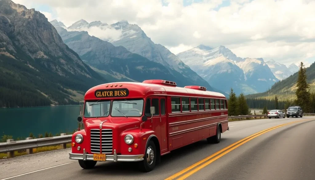 Image of a vintage Red Bus touring through Glacier National Park's scenic roads Image of a vintage Red Bus touring through Glacier National Park's scenic roads