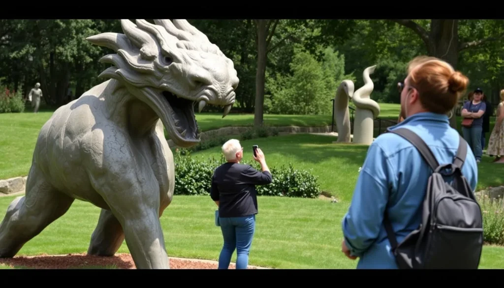 Image of a visitor interacting with a sculpture at Grounds for Sculpture
