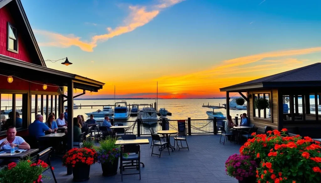 Image of a waterfront restaurant in Port Clinton with a view of Lake Erie