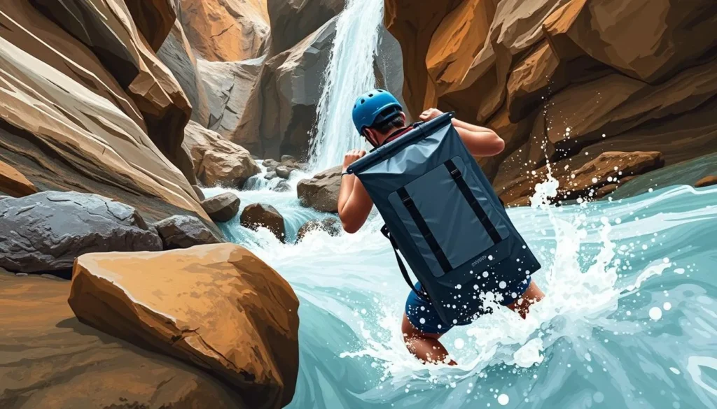 Image of a waterproof bag being used during canyoning