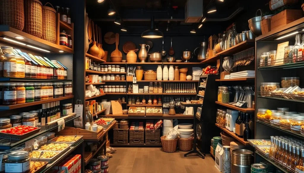 Image of a well-stocked kitchen store with gourmet food items and cooking utensils