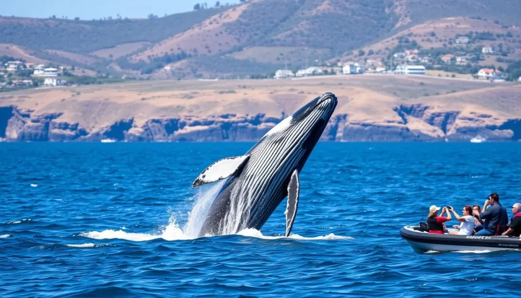 Image of a whale watching tour in Santa Barbara with a whale breaching