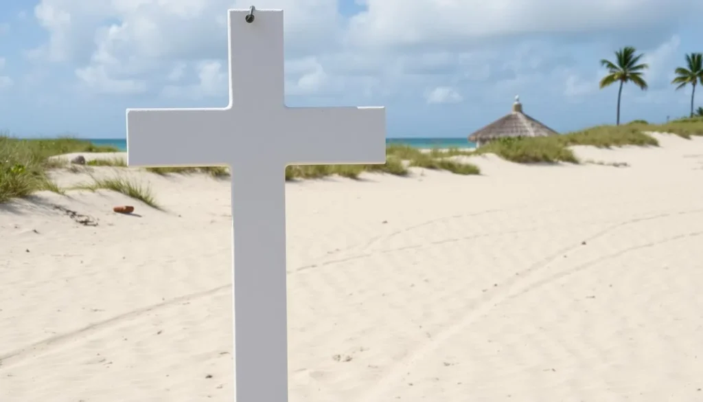 Image of a white cross on a sandy beach in San Salvador, commemorating Christopher Columbus' first landfall.