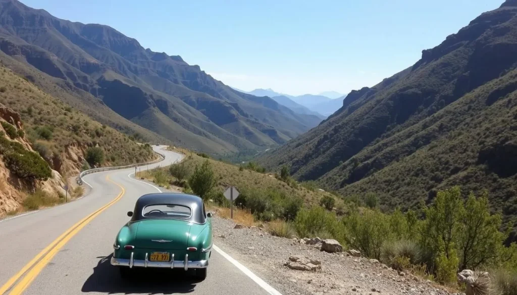 Image of a winding road through the La Panza Mountains with a vintage car