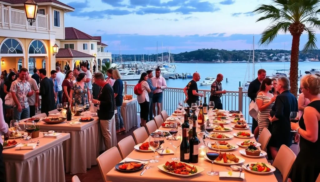 Image of a wine and food tasting event at HarborWalk Village